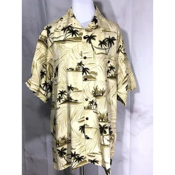 Go Barefoot Aloha Hawaiian Tiki Shirt Beige Dark Green Palm Trees Medium - Picture 10 of 10